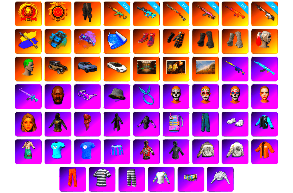 Darkest Depths — Beryl M762 [10], G-DRAGON — AUG [8], Sun Scorched — S1897 [6], Trick-or-treat — M416 [3], Gear Head — Beryl M762 [3], Cyber Threat — Mk12 [1], Survivalist Slacks, Azure Smoke Grenade, Blue Smoke Grenade, Purple Magical Mist — M79, Hi-top Trainers (Red), Mazarin1k's Gloves, Duncan's Infiltrator Handwraps, PGI Title Wraps, Harley Quinn's Hair, The Joker's Hair, «Cayenne Turbo GT» SUV, «Cayenne Turbo GT» SUV, «McLaren GT Standard (Silica White)» Sports Car, Secret Showroom, Ashek's AKM, Jonathan Kamau, Snow Glasses, Headset Bucket Hat, Kansas Headband, PLAYERUNKNOWN's Bandana, Heavy Fur Coat (Black), PGC 2022 Tac-Tech Shirt, Polar Bear Feet, Escapee Jacket, Jailbird T-Shirt, Rash Vest, LINE FRIENDS BROWN SET, Harley Quinn's Hair, Hairstyle PGI.S, Bunny Academy Sailor Gloves, Rash Beixli Xtra Tough Jacket, Desolate Warehouse, fuffenz's SLR, MadDog — M16A4, Deadman's Rhythm Makeup, Marigold Mayhem Makeup, Midnight Ritual Makeup, Harley Quinn's Makeup, Shroud's Varsity Jacket, JennaJulien's Pleated Skirt, PGI Ringside Hoodie, PGI 2018 «Four Angry Men» Hoodie, PML 2019 Phase 2 Jacket, PEL 2019 Phase 2 Jacket, XingHun's Tiger Strike Jacket, XingHun's Tiger Strike Pants, LINE FRIENDS CONY SET, PJS 2019 Phase 2 Jacket, PCL 2019 Phase 2 Jacket, PKL 2019 Phase 2 Jacket, Aixleft's Gaming Streamer Hoodie, XingHun's Tiger Strike Snow Glasses, Heybox Gloves, Bunny Academy Gloves, XiongDi Hoodie, NH-Esports Jacket, Heavy Fur Coat (Black), XingHun's Hoodie, Xinghun's Tracksuit Pants, LINE FRIENDS CHOCO SET, StreamerOne, Winner Winner Chicken Dinner T-Shirt (Red), Parachute, Full Autumn — M416, Chengzi's M416, XingHun's AKM, Bengal Blade - SCAR-L, LINE FRIENDS SALLY SET, Forever's S1897, Festive Gloves (Red), Tactical Gloves, Diva Glasses (White), Rose-tinted Glasses, 86 Adventure Hat, Grizz's Mask, MET Asia Series Bomber Jacket, Mithrain's Varsity Jacket, PGI T-Shirt, GLL Grand Slam Sweatshirt, JiBaoBa, Luuauler's AUG, P4wnyhof's Hotpants