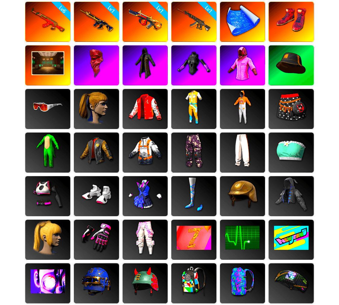 Hi-top Trainers (Red), Secret Showroom, PLAYERUNKNOWN's Bandana, Heavy Fur Coat (Black), Rash Beixli Xtra Tough Jacket, Harley Quinn's Hair, Rash Beixli Xtra Tough Jacket, MET Asia Series Bomber Jacket, Parachute, Douyu Biker Jacket, Grizz's Mask, JiBaoBa