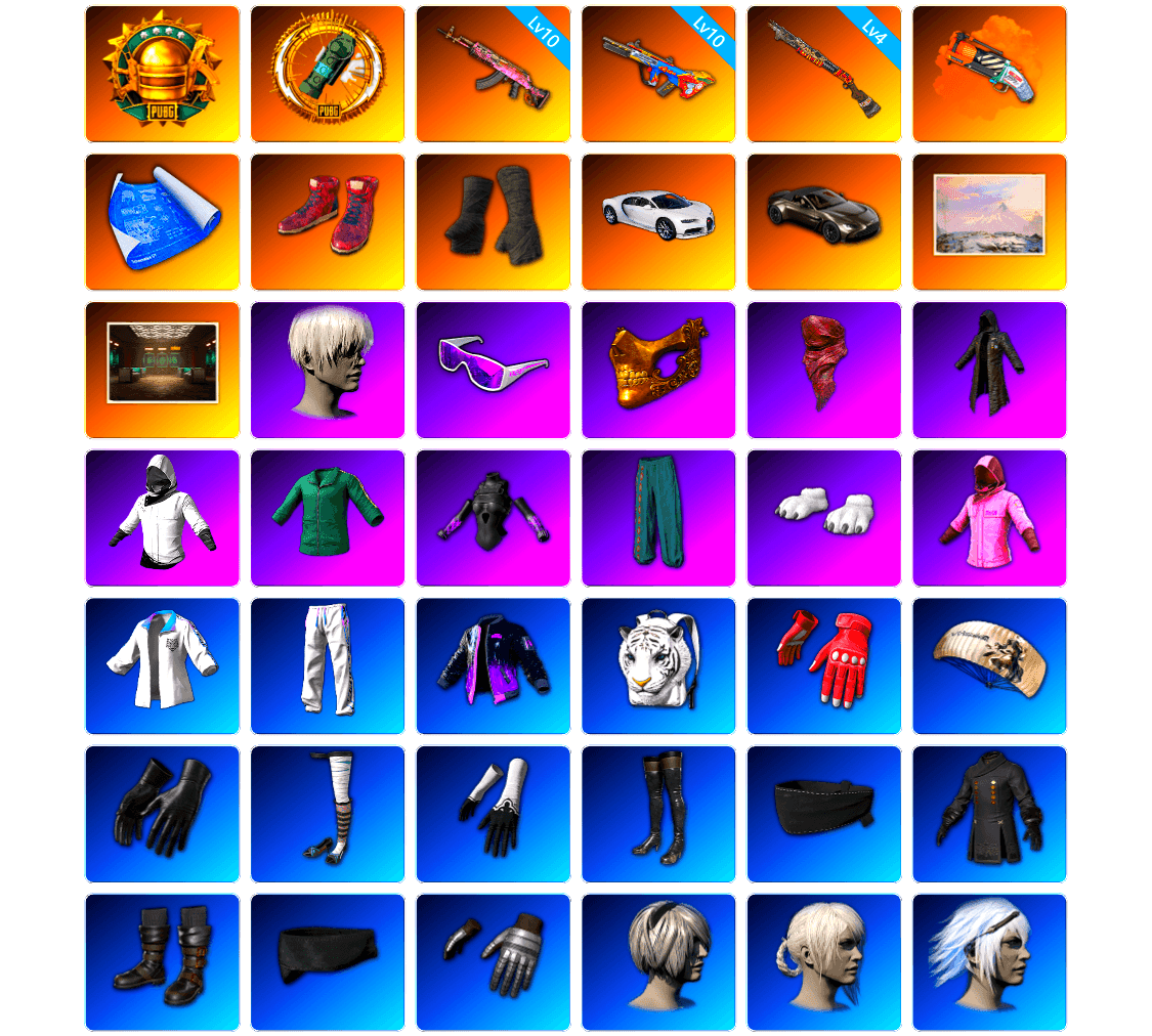 Bumper Blaster — AUG [10], Gear Head — Beryl M762 [10], Sun Scorched — S1897 [4], Orange Fog of Fury — M79, Hi-top Trainers (Red), Duncan's Infiltrator Handwraps, «Chiron» Sports Car, «Chiron» Sports Car, «V12 Vantage Roadster» Sports Car, «V12 Vantage Roadster» Sports Car, Winter Hideout, Secret Showroom, 9S's Hairstyle, Snow Glasses, PGC 2021 Contingent Chaos Mask, PLAYERUNKNOWN's Bandana, Heavy Fur Coat (Black), WackyJacky101's Jacket, Training Jacket (Green), PGC 2022 Tac-Tech Shirt, Polar Bear Feet, Rash Beixli Xtra Tough Jacket, Harley Quinn's Hair, Bunny Academy Sailor Gloves, Rash Beixli Xtra Tough Jacket, XingHun's Tiger Strike Jacket, XingHun's Tiger Strike Pants, Exquisite Pants, Pigff's Tactical Striker Jacket, Heavy Fur Coat (Black), Jijing's Shorts, StreamerOne, GPT 2025 Four Angry Men Jacket, Parachute, LINE FRIENDS CHOCO SET, Full Autumn — M416, Bengal Blade - SCAR-L, Bunny Academy Gloves, Headset Bucket Hat, Grizz's Mask, MET Asia Series Bomber Jacket, 86 Adventure Hat, Sideshow Bear Feet