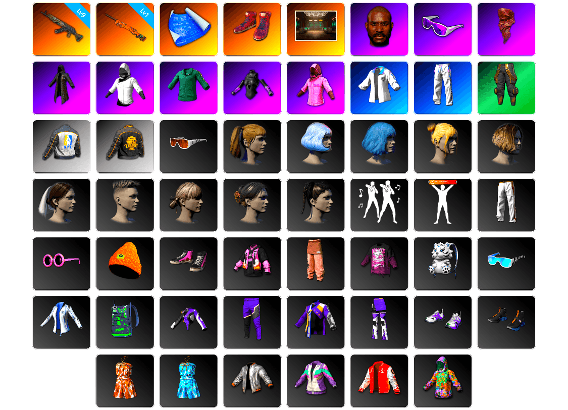 Hi-top Trainers (Red), Secret Showroom, Jonathan Kamau, Snow Glasses, PLAYERUNKNOWN's Bandana, Heavy Fur Coat (Black), WackyJacky101's Jacket, Rash Beixli Xtra Tough Jacket, Harley Quinn's Hair, Bunny Academy Sailor Gloves, Rash Beixli Xtra Tough Jacket, XingHun's Tiger Strike Jacket, XingHun's Tiger Strike Pants, NPL 2019 Phase 2 Jacket, PKL 2019 Phase 2 Jacket, Exquisite Pants, XingHun's Tiger Strike Snow Glasses, XiongDi Hoodie, MET Asia Series Bomber Jacket, Jijing's Shorts, StreamerOne, Training Jacket (Green), Parachute, Blue Thunder Gloves, Diva Glasses (White), Grizz's Mask, HUYA T-shirt, JiBaoBa, Sideshow Bear Feet