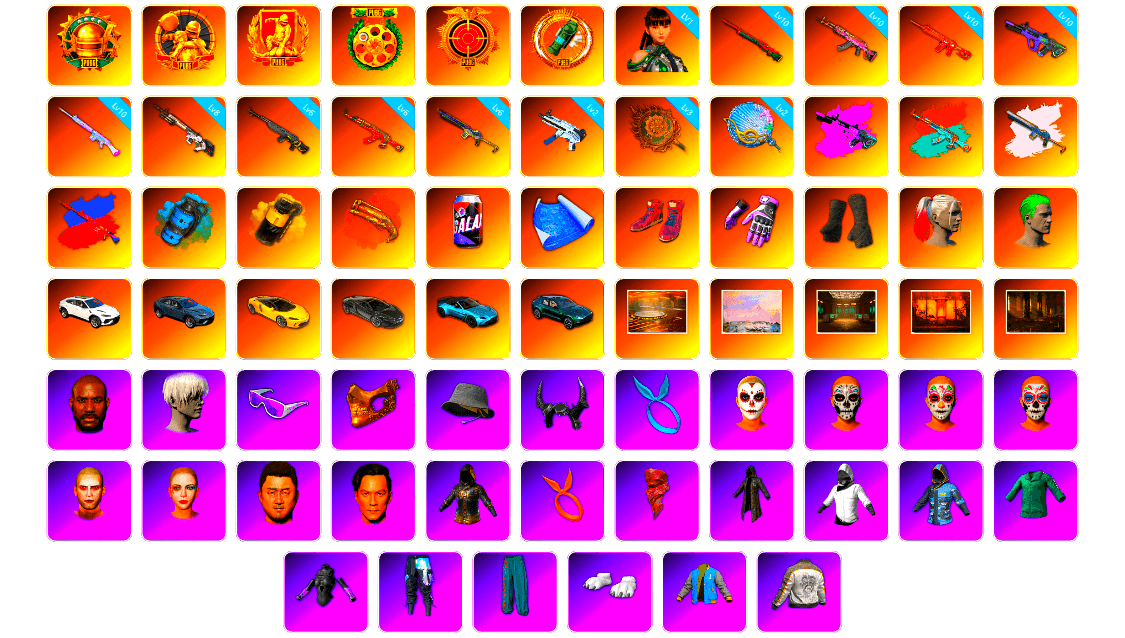 Azure Smoke Grenade, Yellow Smoke Grenade, Crimson Fog of Fury — M79, Hi-top Trainers (Red), Heybox Gloves, Duncan's Infiltrator Handwraps, Harley Quinn's Hair, The Joker's Hair, «V12 Vantage Roadster (Luxe)» Sports Car, «DBX707» SUV, Showroom, Winter Hideout, Secret Showroom, Weapons Shrine, Jonathan Kamau, 9S's Hairstyle, Snow Glasses, PGC 2021 Contingent Chaos Mask, Headset Bucket Hat, Demon Biker Horns, Kansas Headband, La Catrina Makeup, The Joker's Hair, PLAYERUNKNOWN's Bandana, Heavy Fur Coat (Black), WackyJacky101's Jacket, Polar Bear Feet, PUBG I Jacket, Rash Beixli Xtra Tough Jacket, Harley Quinn's Hair, Hairstyle PGI.S, Bunny Academy Sailor Gloves, Rash Beixli Xtra Tough Jacket, Nostalgia, Harley Quinn's Makeup, PML 2019 Phase 2 Jacket, PEL 2019 Phase 2 Jacket, XingHun's Tiger Strike Jacket, XingHun's Tiger Strike Pants, NPL 2019 Phase 2 Jacket, PJS 2019 Phase 2 Jacket, Aixleft's Gaming Streamer Hoodie, «DBX707» SUV, Exquisite Pants, XingHun's Tiger Strike Snow Glasses, Pigff's Tactical Striker Jacket, NH-Esports Jacket, Jijing's Shorts, StreamerOne, GPT 2025 Four Angry Men Jacket, Parachute, Full Autumn — M416, Gold Plate — M416, NH-ESPORTS - Beryl M762, Shark Bite - Kar98k, MOZZ's M24, Refined Aeolus — Vector, Pigff's DBS, Forever's S1897, Festive Gloves (Red)